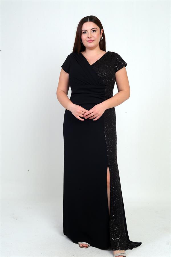 Kadın Kruvaze Yaka Astarlı Yanı Boncuk Garnili Büyük Beden Uzun Şifon Elbise