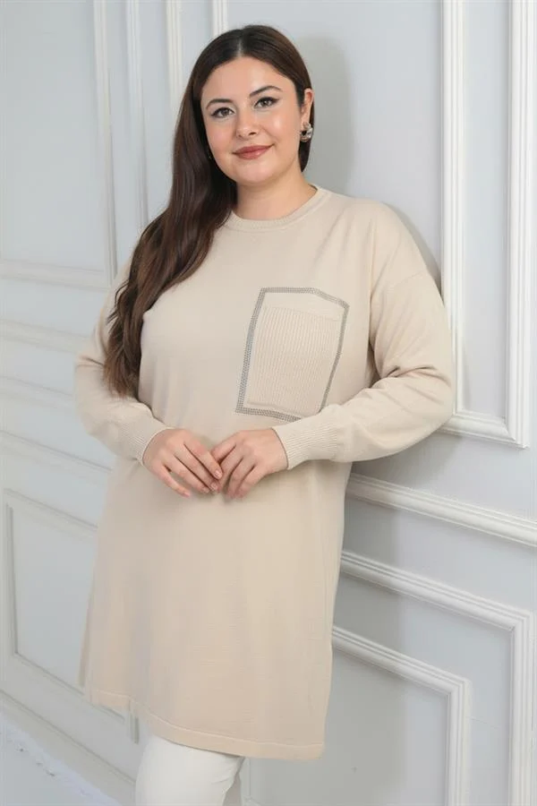 Kadın Önü Tek Cepli Taş Baskı Detaylı Büyük Beden TrikoTunik Bluz