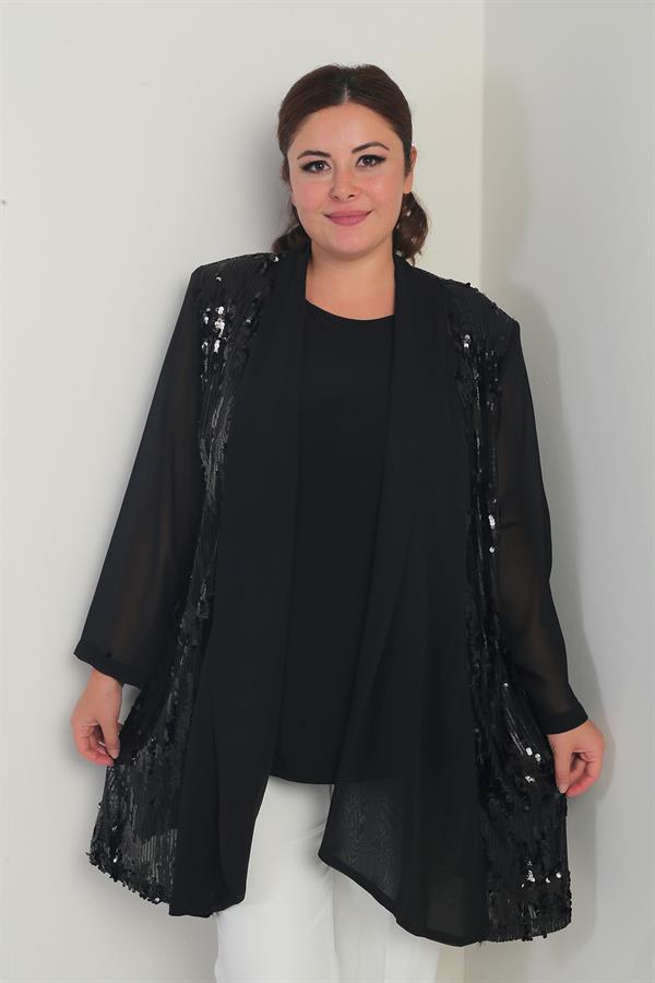 Kadın Yuvarlak Yaka Likralı Bluz Pulpayet Şifon Ceket Büyük Beden 2'li Takım Kadın Yuvarlak Yaka Likralı Bluz Pulpayet Şifon Ceket Büyük Beden 2'li Takım