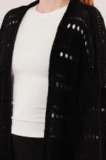 Cardigan long en maille perforée à pompons de transition, vente en gros, noir