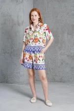 Linen Wholesale Beige Two Piece Suit with Patterned Shorts