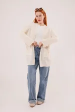 Cepli Salaş Model Triko Uzun Toptan Krem Hırka