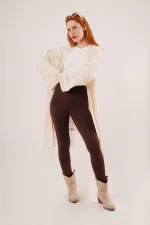 Delikli Geçişli Püskül Detay Uzun Triko Toptan Krem Hırka