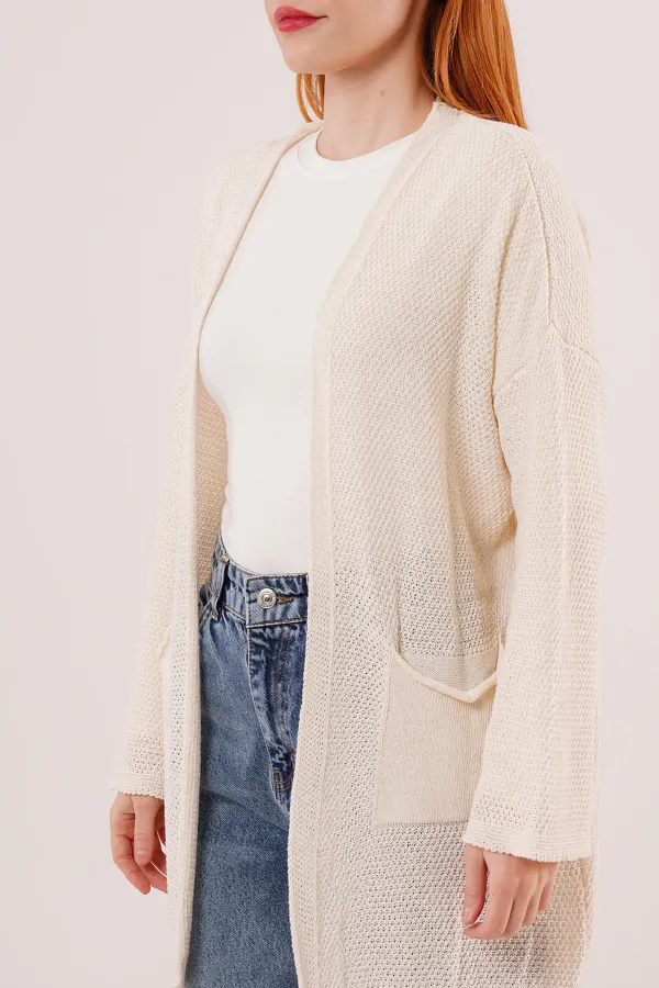 Cepli Salaş Model Triko Uzun Toptan Krem Hırka