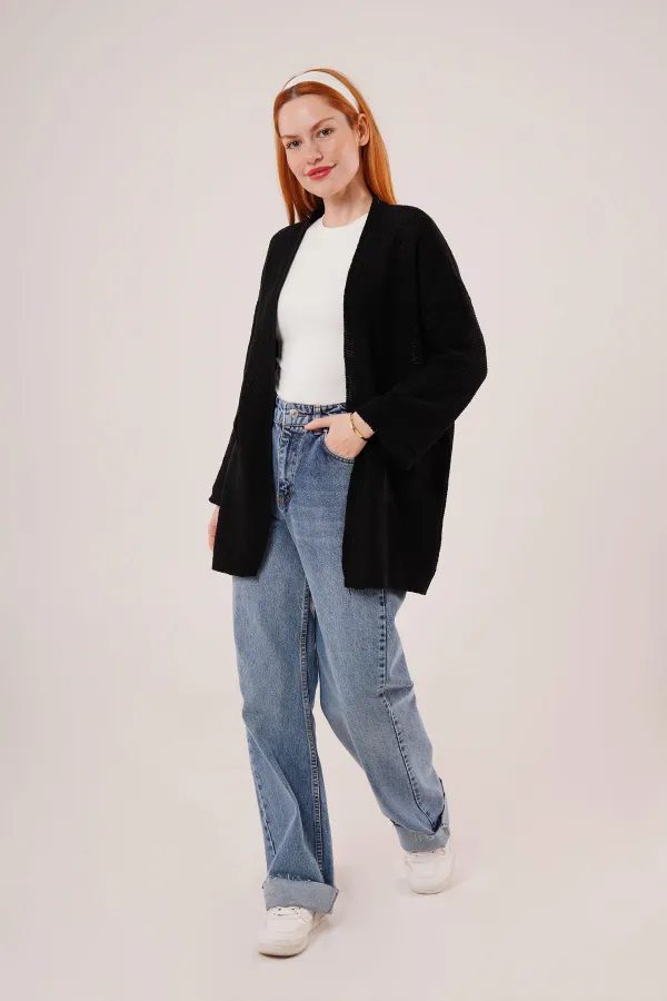 Cardigan long noir décontracté en tricot avec poches