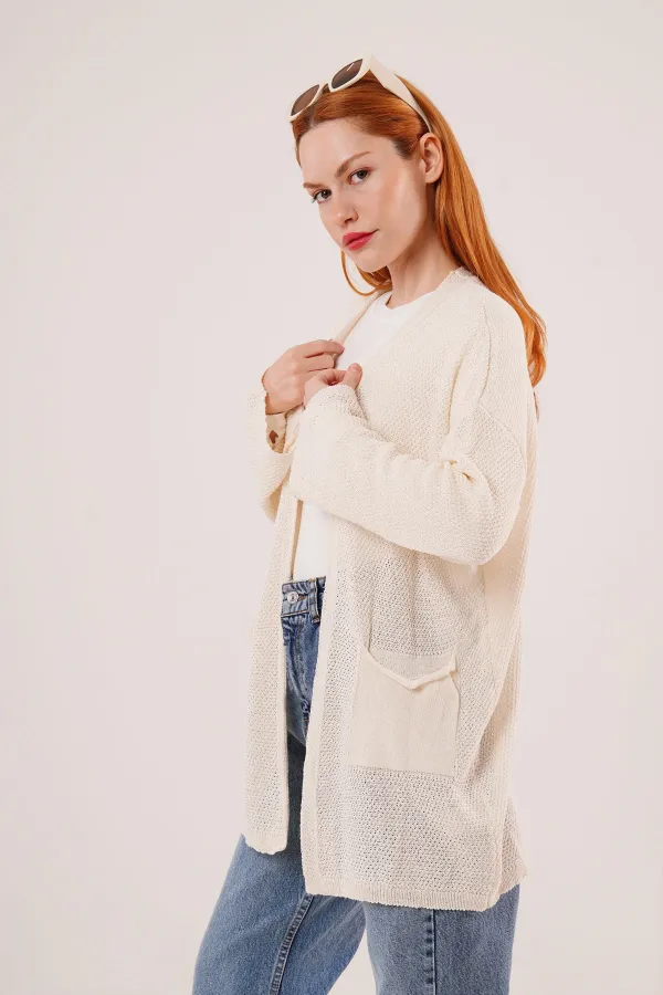 Cepli Salaş Model Triko Uzun Toptan Krem Hırka