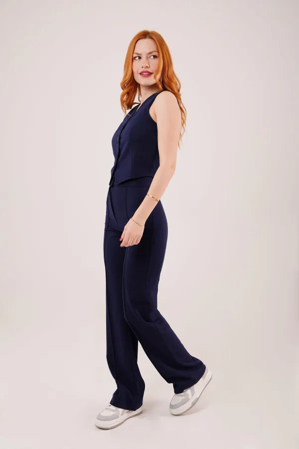 Single Button Wholesale Navy Blue Trousers with Front Seam Detail