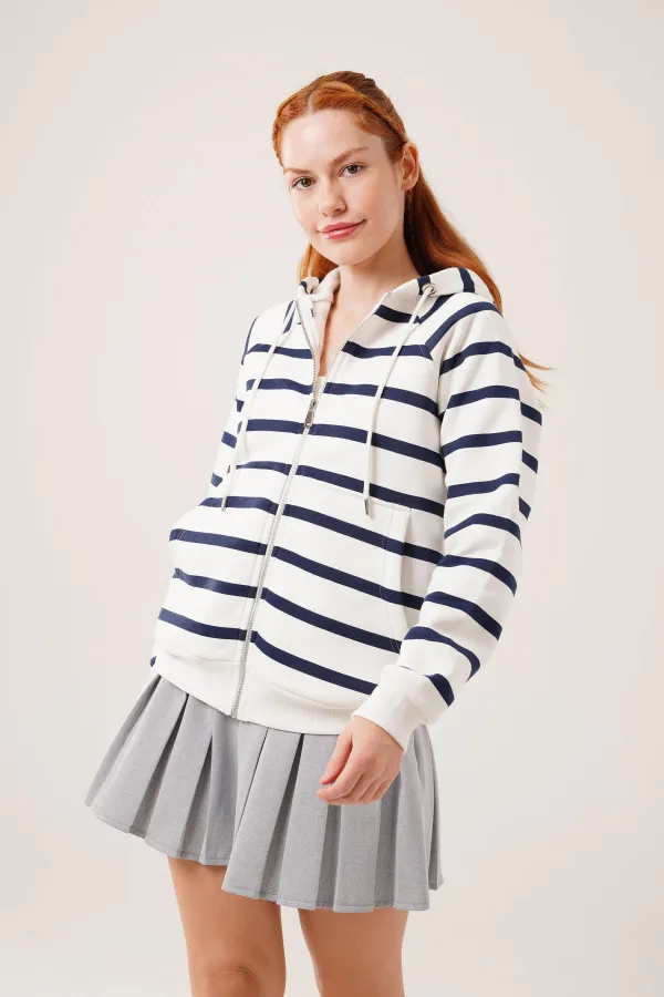 Lacivert Çizgili İki İplik Kapüşonlu Toptan Sweatshirt