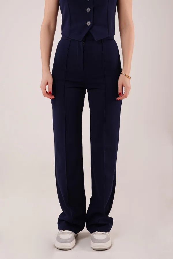 Single Button Wholesale Navy Blue Trousers with Front Seam Detail