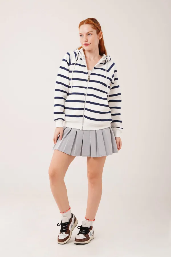 Lacivert Çizgili İki İplik Kapüşonlu Toptan Sweatshirt