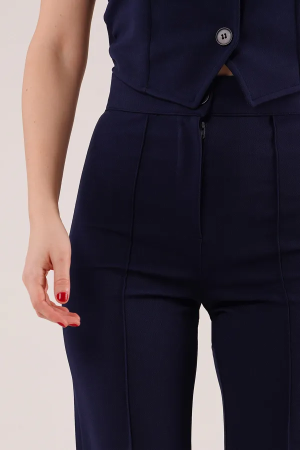 Single Button Wholesale Navy Blue Trousers with Front Seam Detail