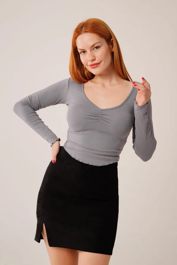 Wide Collar Gray Wholesale Basic Body Blouse