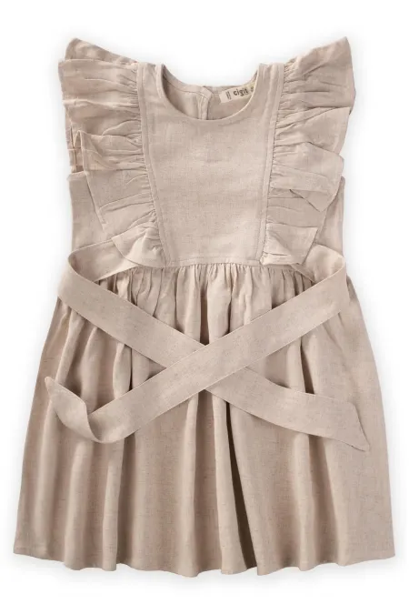 Yanları Bağcıklı Keten elbise 2-7 Yaş Naturel Yanları Bağcıklı Keten elbise 2-7 Yaş Naturel