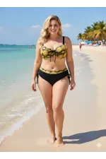 Kadın Sarı Siyah Desenli Taş İşlemeli Toparlayıcı Bikini Takım HZL25S-LC3333
