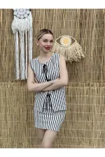 Ensemble chemisier et jupe en tricot à rayures noires et blanches pour femme HZL24S-ZK10271