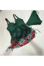 Kadın Zümrüt Yeşili Çiçek Desenli Elbise Model  Slipli Tankini HZL24S-LC4009