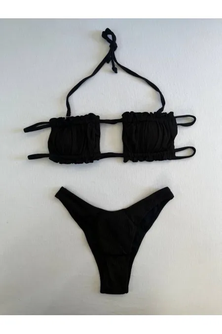 Kadın Siyah İp Bağlamalı Büzgülü Straplez Bikini Takım HZL25S-LC2226 Kadın Siyah İp Bağlamalı Büzgülü Straplez Bikini Takım HZL25S-LC2226