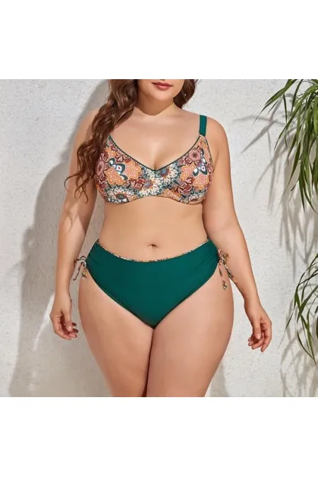 Kadın Zümrüt Yeşil Etnik Desen Büyük Beden Bikini Takım HZL25S-LC3310 Kadın Zümrüt Yeşil Etnik Desen Büyük Beden Bikini Takım HZL25S-LC3310