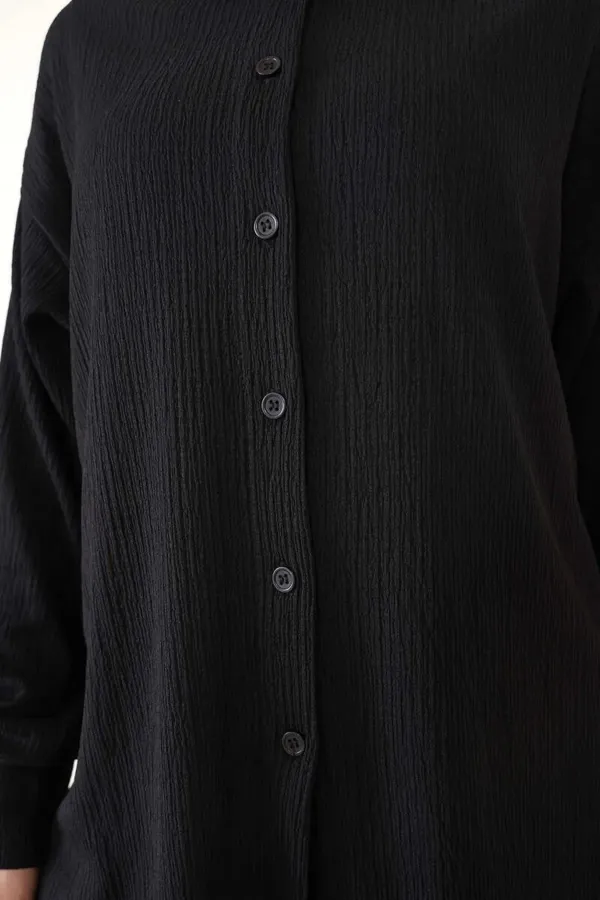 Women's Hijab Black Wide Pattern Top-Bottom Double Knitted Suit HZL24W-BD158581
