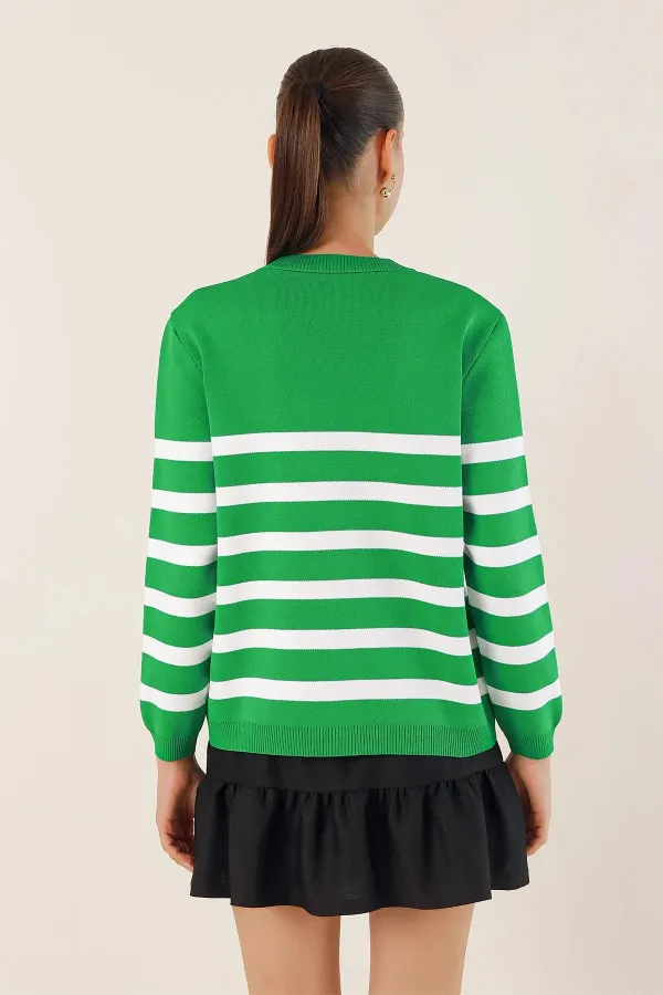 Kadın Yeşil Çizgili V yaka Rahat Kesim Triko Hırka HZL24W-BD1102151 Kadın Yeşil Çizgili V yaka Rahat Kesim Triko Hırka HZL24W-BD1102151