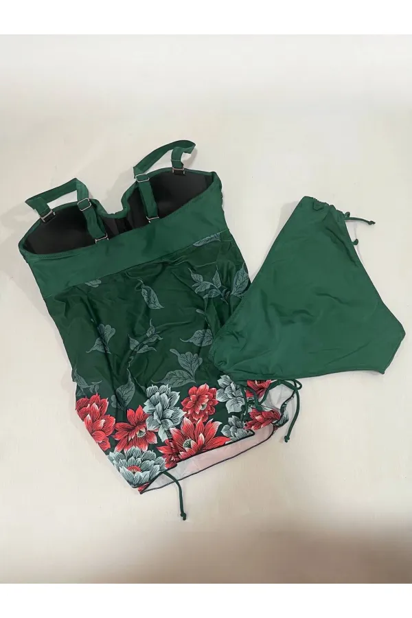 Kadın Zümrüt Yeşili Çiçek Desenli Elbise Model  Slipli Tankini HZL24S-LC4009