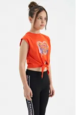 Tommylife Toptan Portakal Kalp Baskılı Ön Düğüm Detaylı Rahat Form Kız Çocuk T-Shirt - 75114