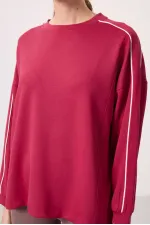 Tommylife Toptan Yumuşak Dokulu O Yaka Oversize Kadın Tunik Sweatshirt - 97303 Viva Kırmızı