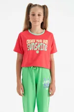 Tommylife Toptan Rose Renkli Yazı Baskılı O Yaka Oversize  Kısa Kollu Kız Çocuk T-Shirt - 75111