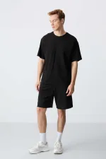 Tommylife Toptan O Yaka Oversize Basic Erkek Şort Takım 85257 Siyah