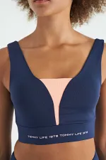 Tommylife Toptan İndigo Yazı Baskılı Renk Bloklu Dar Kalıp Dalgıç Kumaş Kadın Büstiyer - 97271