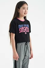 Tommylife Toptan Siyah Renkli Yazı Baskılı O Yaka Oversize  Kısa Kollu Kız Çocuk T-Shirt - 75111