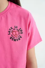 Tommylife Toptan Şeker Pembe Ön Arka Baskılı O Yaka Düşük Omuz Oversize Kısa Kollu Kız Çocuk T-Shirt - 75126