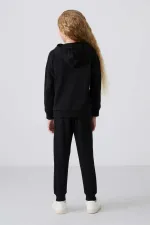 Tommylife Toptan 3-9 Yaş Kapüşonlu Standart Kalıp Kız Çocuk Eşofman Takımı 75148 Siyah