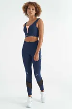 Tommylife Toptan İndigo Yazı Baskılı Renk Bloklu Dar Kalıp Dalgıç Kumaş Kadın Büstiyer - 97271