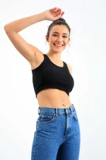 Tommylife Toptan Lacivert Basic Sıfır Kol Dar Kalıp U Yaka Kadın Crop Top Atlet - 97160