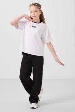 Tommylife Toptan O Yaka Baskılı Geniş Paça Standart Fit Kız Çocuk Palazzo Eşofman Takım 75171 Beyaz Siyah
