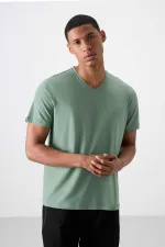 Tommylife Toptan V Yaka Standart Kalıp Basic Erkek T-Shirt 87912 Kaktüs