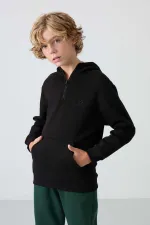 Tommylife Toptan Garson Boy Kapüşonlu Standart Kalıp Basic Erkek Çocuk Sweatshirt 11244 Siyah