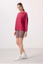 Tommylife Toptan Yumuşak Dokulu O Yaka Oversize Kadın Tunik Sweatshirt - 97303 Viva Kırmızı