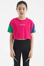 Tommylife Toptan Fuşya Yazı Baskılı O Yaka Düşük Omuzlu Oversize Kız Çocuk T-Shirt - 75130