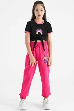 Tommylife Toptan Siyah Baskı Detaylı O Yaka Çok Renkli Bağlama Detaylı Kız Çocuk T-Shirt - 75113