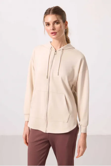 Tommylife Toptan Yumuşak Dokulu Kapüşonlu Oversize Kadın Tunik Sweatshirt - 97302 Bej