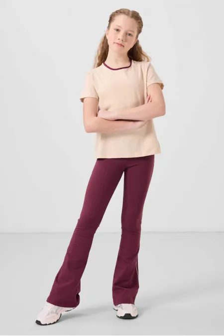 Tommylife Toptan Pamuklu O Yaka Standart Fit Basic İspanyol Paça Kız Çocuk Tayt Takım 75192 Bej Bordo