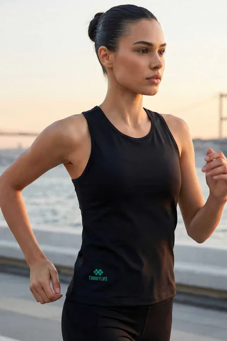 Tommylife Toptan Siyah Standart Fit Çapraz Sırt Detaylı Kadın Spor Atlet - 97296 Tommylife Toptan Siyah Standart Fit Çapraz Sırt Detaylı Kadın Spor Atlet - 97296