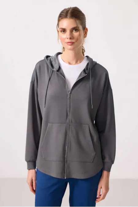 Tommylife Toptan Yumuşak Dokulu Kapüşonlu Oversize Kadın Tunik Sweatshirt - 97302 Koyu Gri