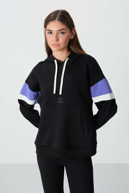 Tommylife Toptan Kapüşonlu Oversize Kadın Sweatshirt 97290 Siyah