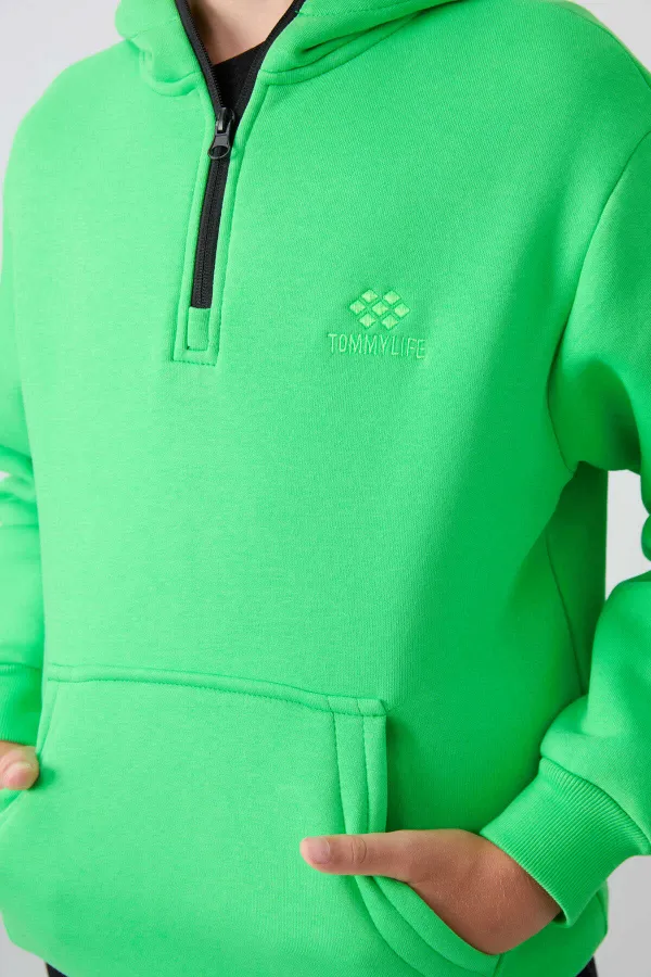 Tommylife Toptan Garson Boy Kapüşonlu Standart Kalıp Basic Erkek Çocuk Sweatshirt 11244 Neon Yeşil