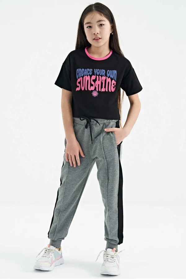 Tommylife Toptan Siyah Renkli Yazı Baskılı O Yaka Oversize  Kısa Kollu Kız Çocuk T-Shirt - 75111
