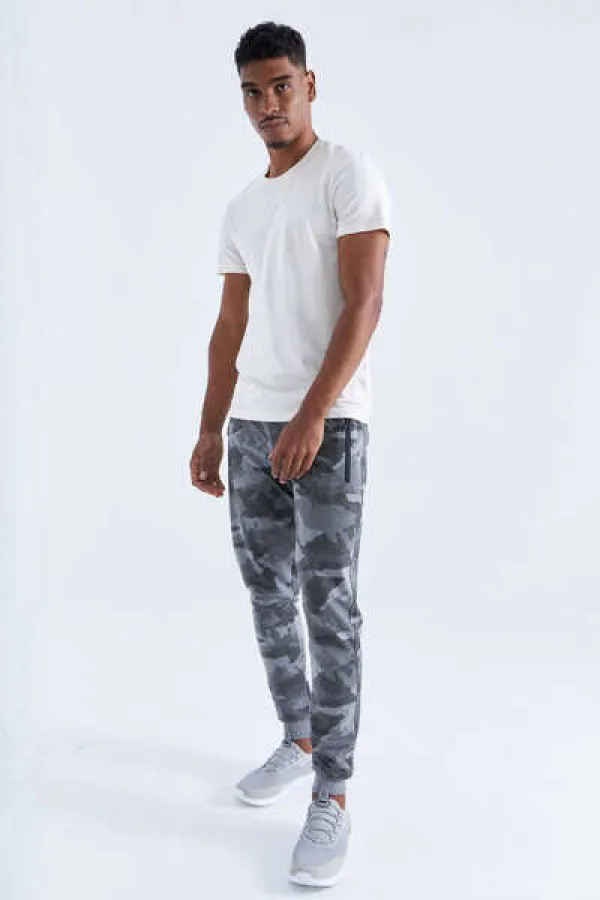 Tommylife Toptan Gri Melanj Kamuflaj Desenli Dar Kalıp Jogger Erkek Eşofman Alt - 84754