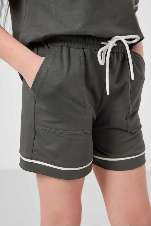 Tommylife Toptan Pamuklu Yumuşak Dokulu Standart Fit Basic Kız Çocuk Şort Takım 75183 Haki